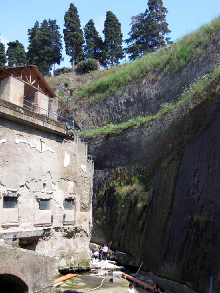 Suburban Baths, and beachfront, Herculaneum, July 2009. Exterior south side of Baths in south-east corner of site. Photo courtesy of Sera Baker.